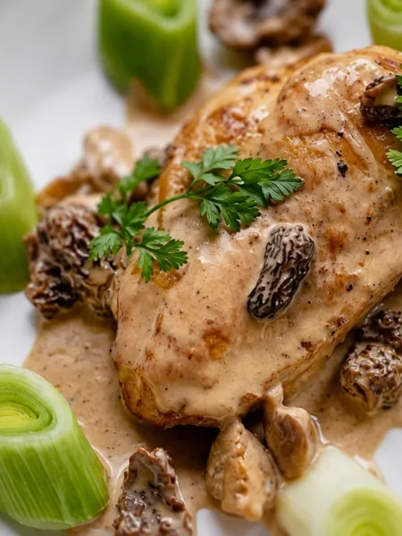Poulet aux Morilles et Sauce au Xérès, prepared and ready to serve.
