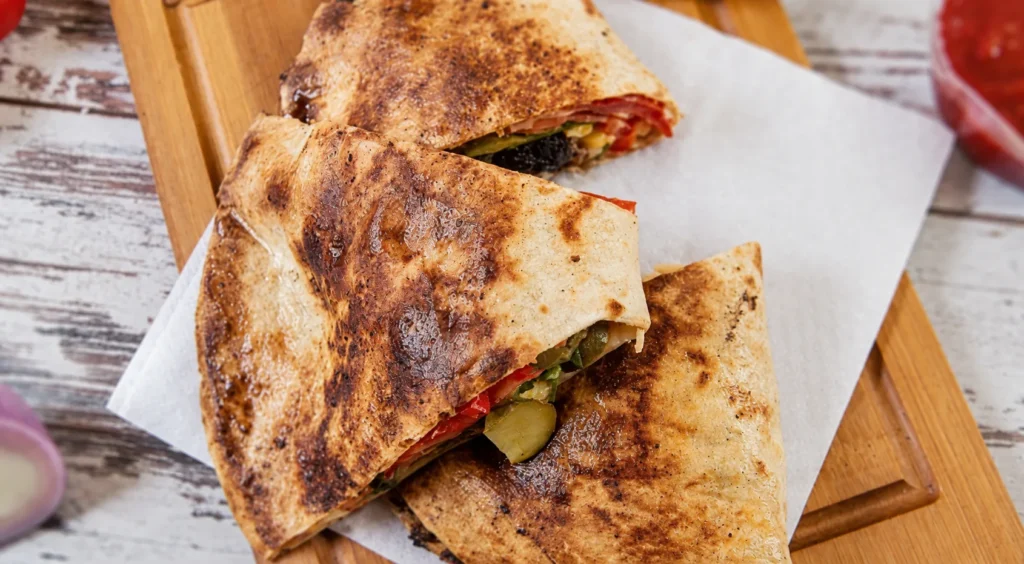 Quesadilla de Gambas y Chorizo, prepared and ready to serve.
