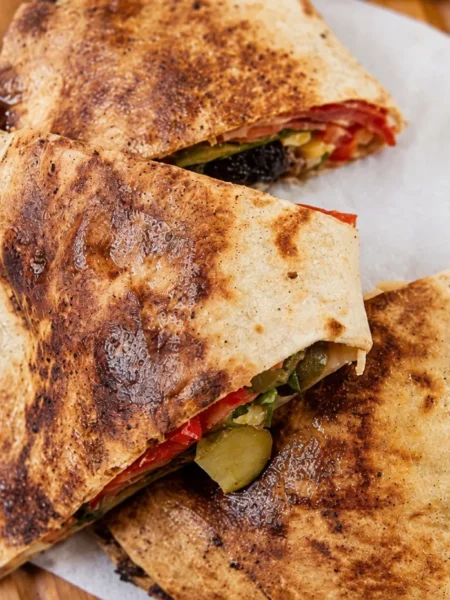 Quesadilla de Gambas y Chorizo, prepared and ready to serve.