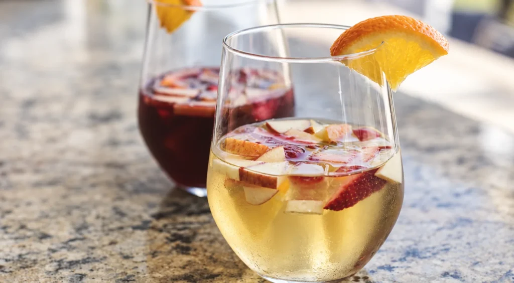 Red and White Sangria, prepared and ready to serve.