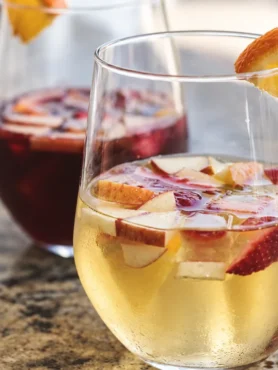 Red and White Sangria, prepared and ready to serve.