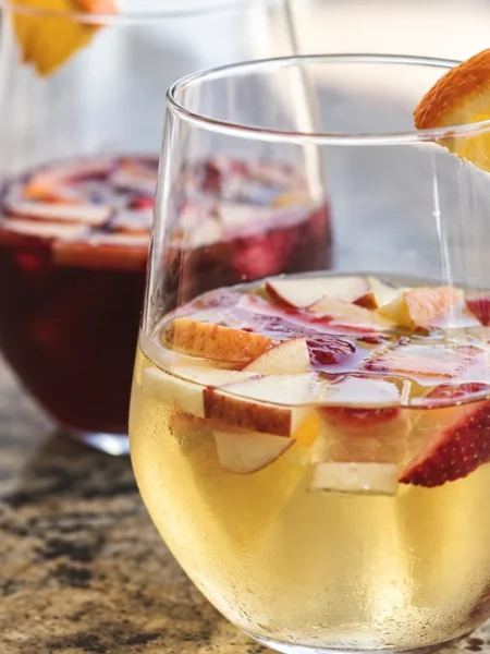 Red and White Sangria, prepared and ready to serve.
