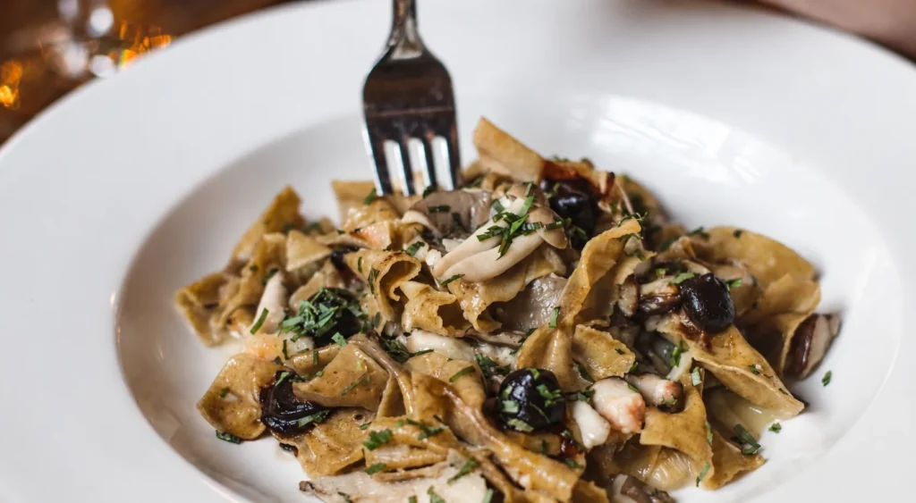 Seafood and Wild Mushroom Pasta, prepared and ready to serve.