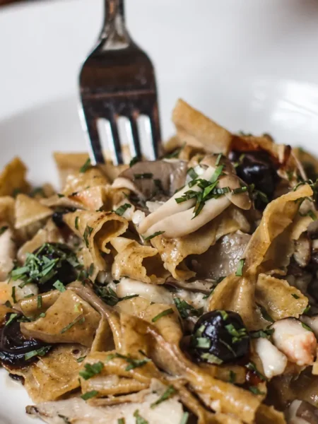 Seafood and Wild Mushroom Pasta, prepared and ready to serve.