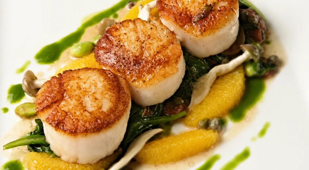 Seared Scallops on Grapefruit with a Pea Accompaniment, prepared and ready to serve.