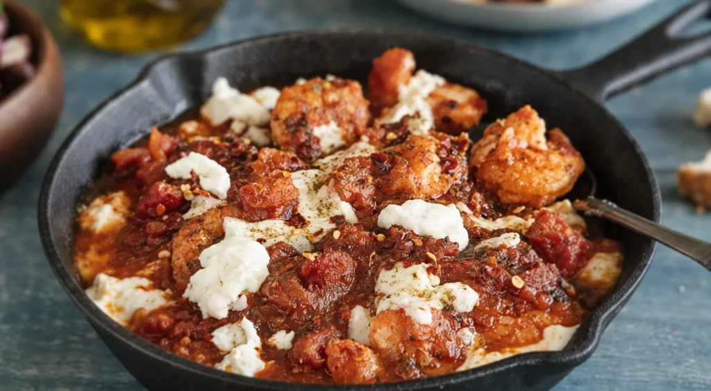 Shrimp and Feta Saganaki, prepared and ready to serve.