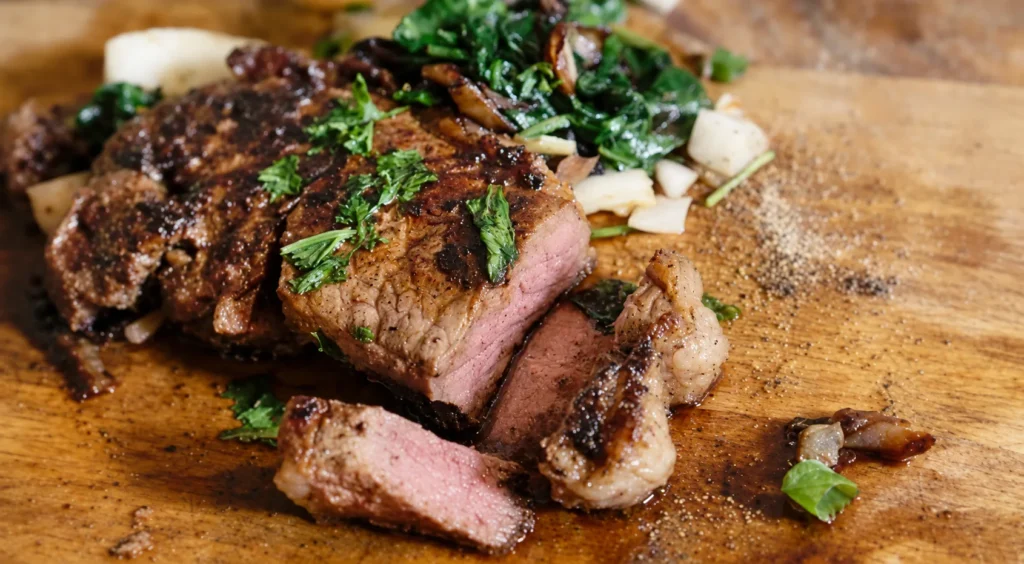 Smoked Duck Breast in a Chestnut Praline, prepared and ready to serve.