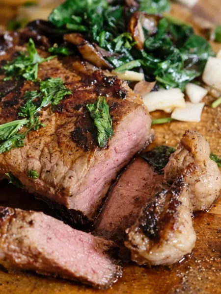 Smoked Duck Breast in a Chestnut Praline, prepared and ready to serve.