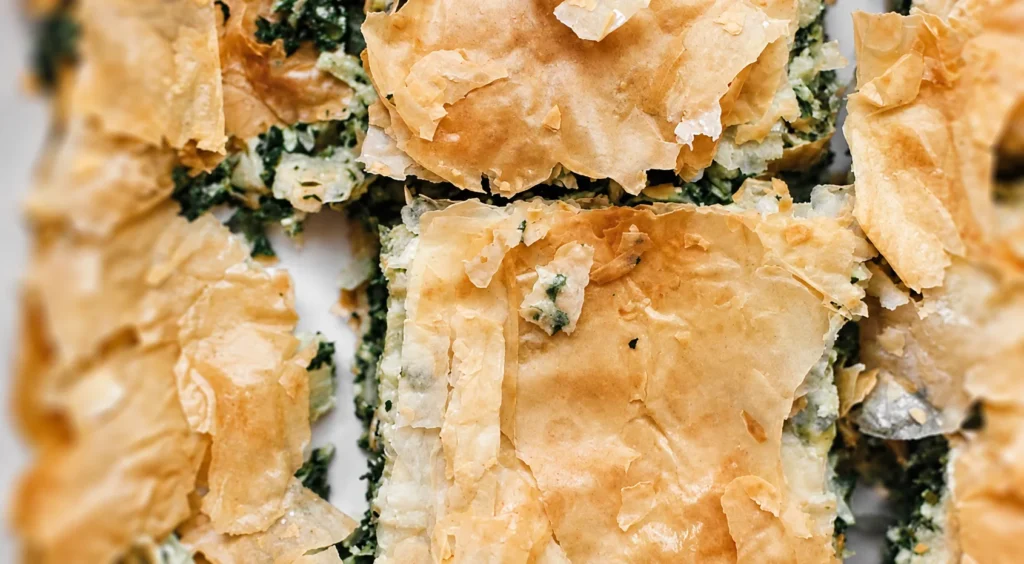 Spanakopita, prepared and ready to serve.