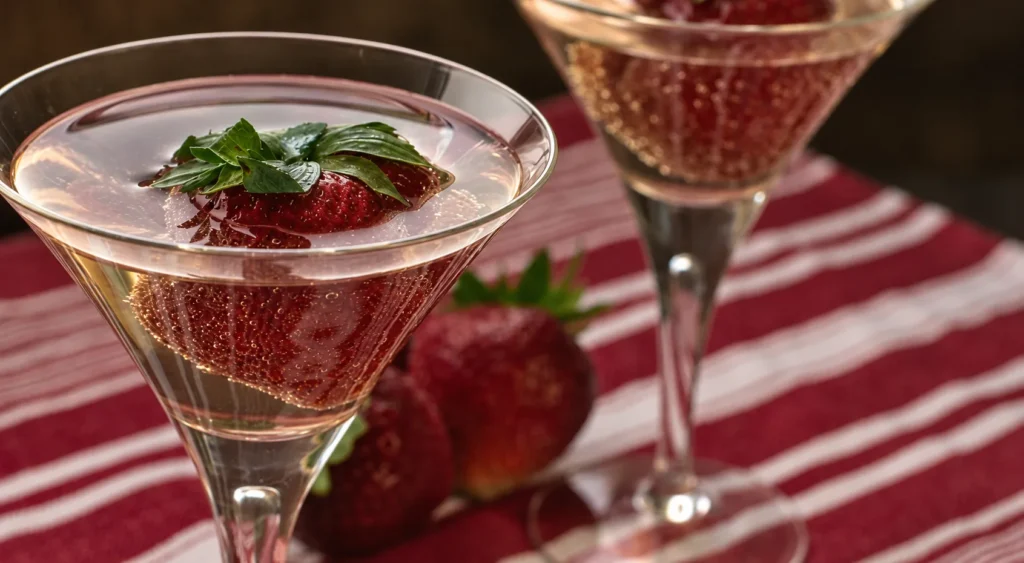 Strawberry and Basil Oil Martinis, prepared and ready to serve.
