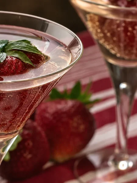 Strawberry and Basil Oil Martinis, prepared and ready to serve.