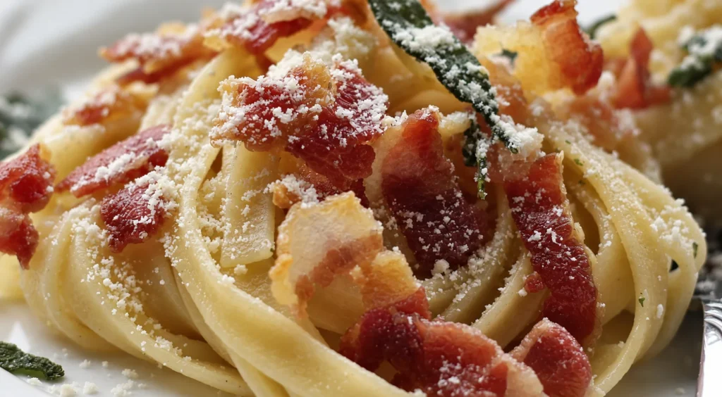 Tagliatelle Carbonara (Authentic), prepared and ready to serve.