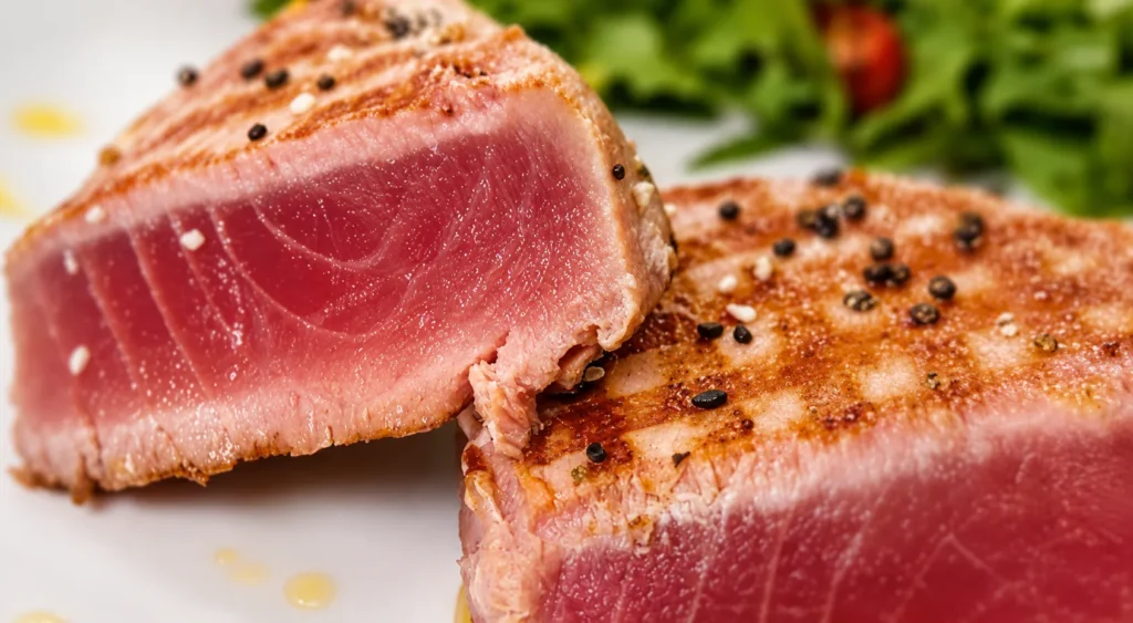Tuna Steak with a Lemon Caper Sauce, prepared and ready to serve.