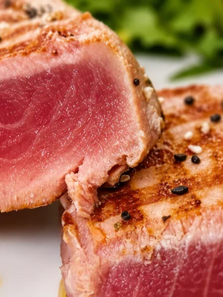 Tuna Steak with a Lemon Caper Sauce, prepared and ready to serve.