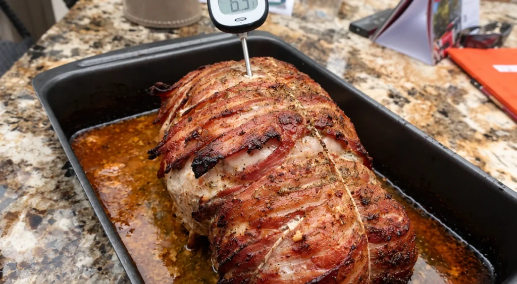 Bacon-wrapped turkey breast joint with a probe thermometer in a roasting tin.