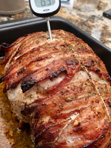 Bacon-wrapped turkey breast joint with a probe thermometer in a roasting tin.