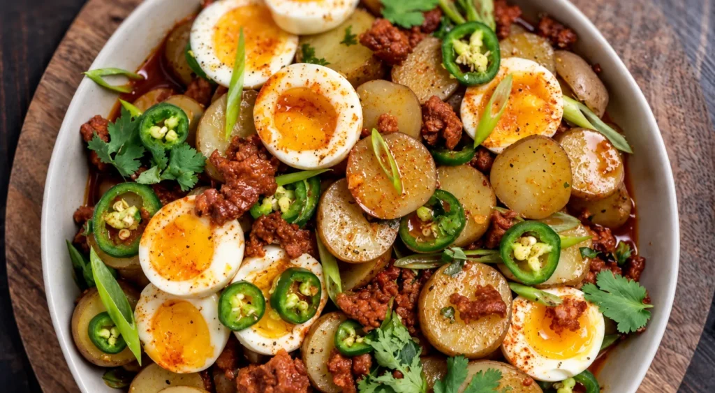 Warmed Chorizo and Potato Salad, prepared and ready to serve.