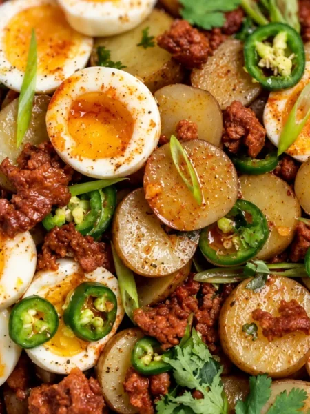 Warmed Chorizo and Potato Salad, prepared and ready to serve.