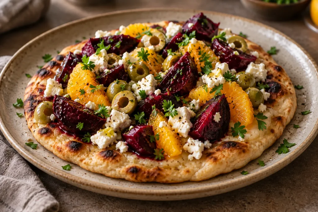 Roasted beetroot, feta, orange and green olives on flatbread