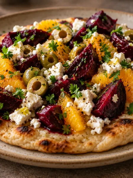 Roasted beetroot, feta, orange and green olives on flatbread