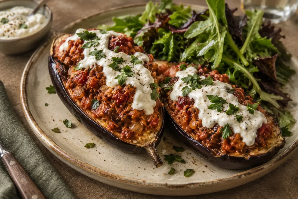Spiced plant-based stuffed aubergines with creamy topping and salad