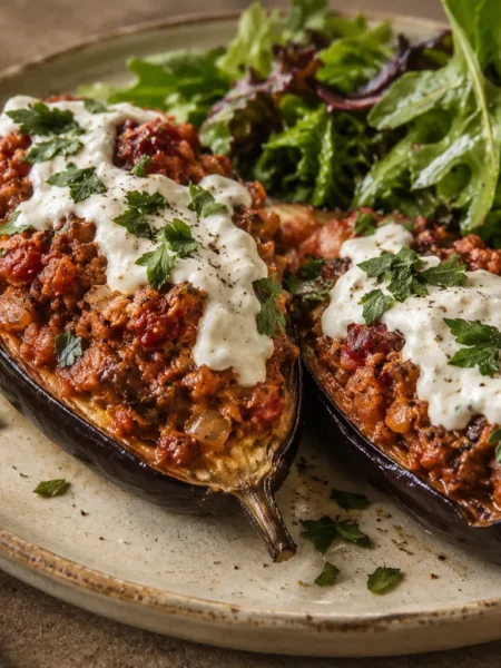 Spiced plant-based stuffed aubergines with creamy topping and salad