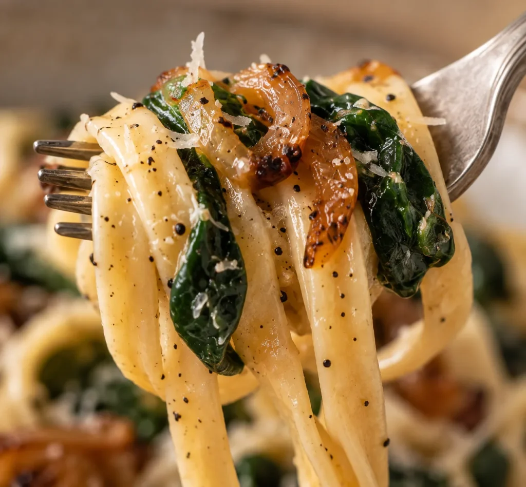 Creamy pasta with spinach and caramelised onion