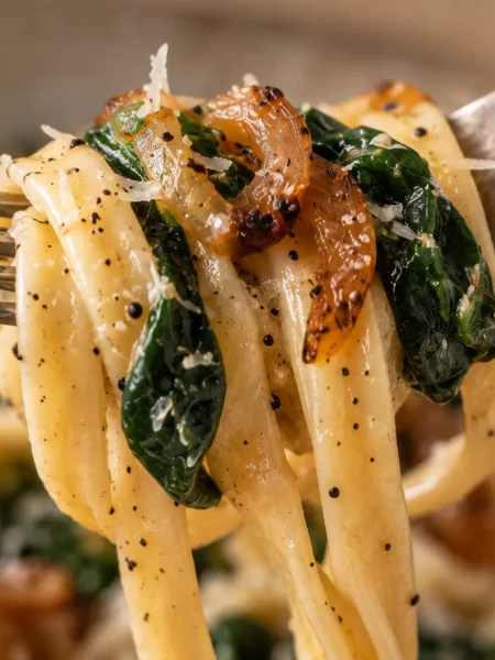 Creamy pasta with spinach and caramelised onion