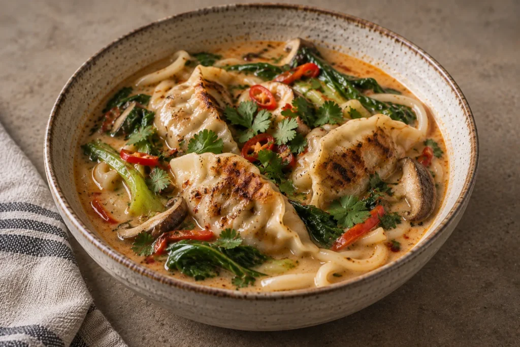 Spicy gyoza and noodles in a creamy coconut broth with vegetables
