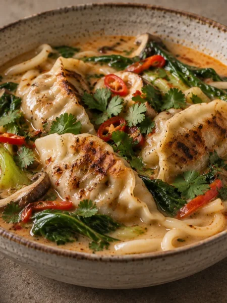 Spicy gyoza and noodles in a creamy coconut broth with vegetables