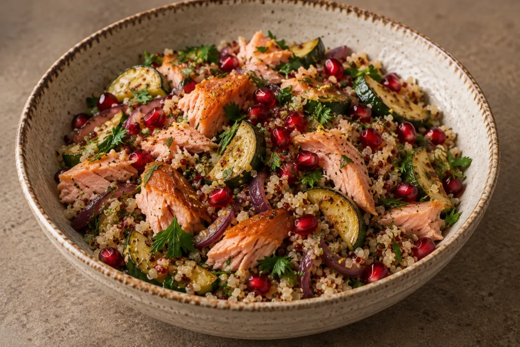 Hot-smoked trout with quinoa, courgette, herbs and pomegranate