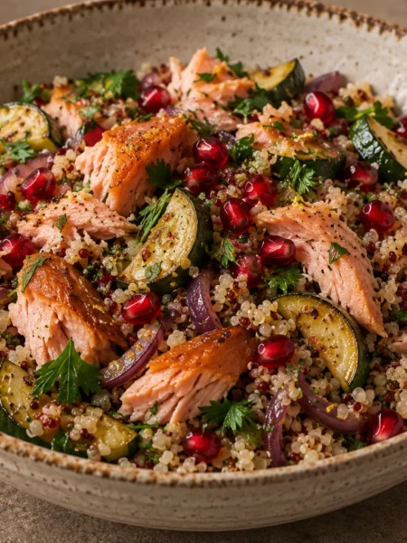 Hot-smoked trout with quinoa, courgette, herbs and pomegranate