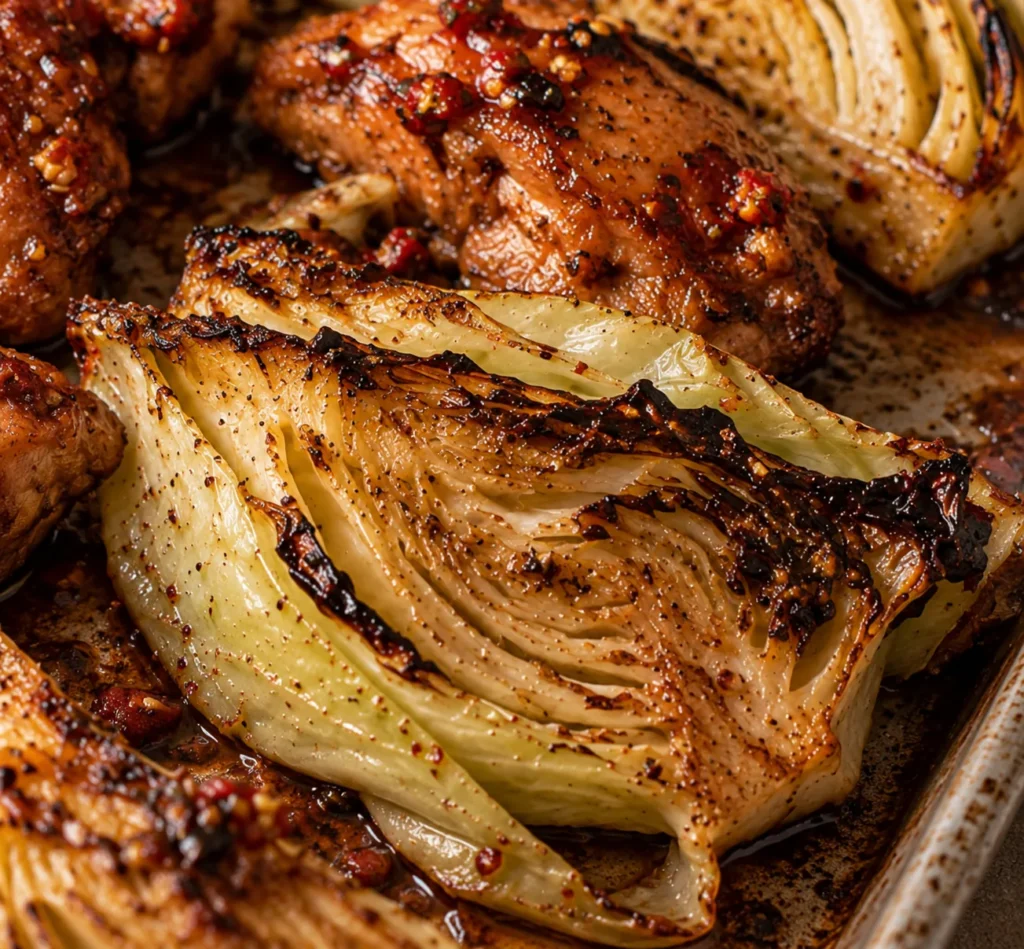 Sticky chilli chicken with deeply roasted cabbage wedges