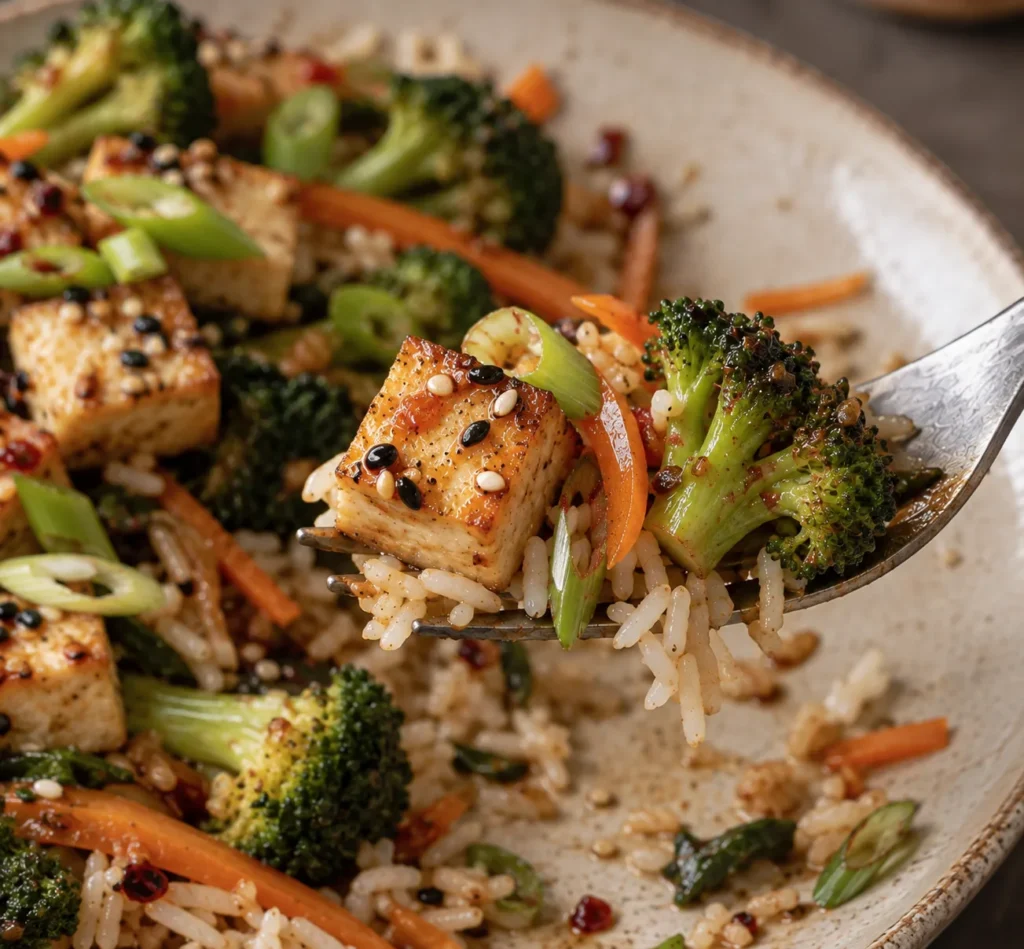 Crispy miso tofu with sesame rice, broccoli and vegetables