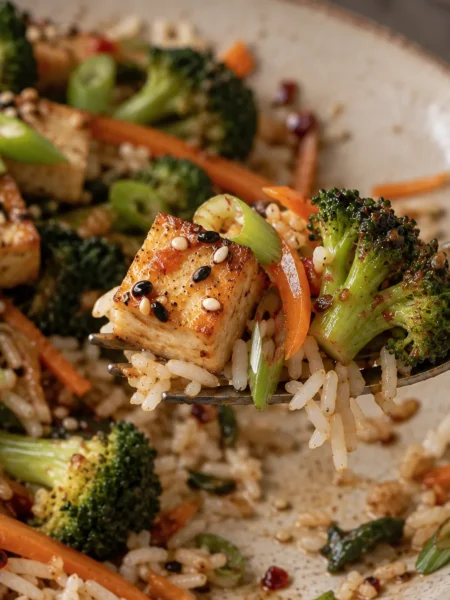 Crispy miso tofu with sesame rice, broccoli and vegetables