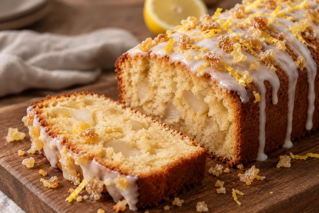 Pear and ginger loaf with lemon icing and crystallised ginger