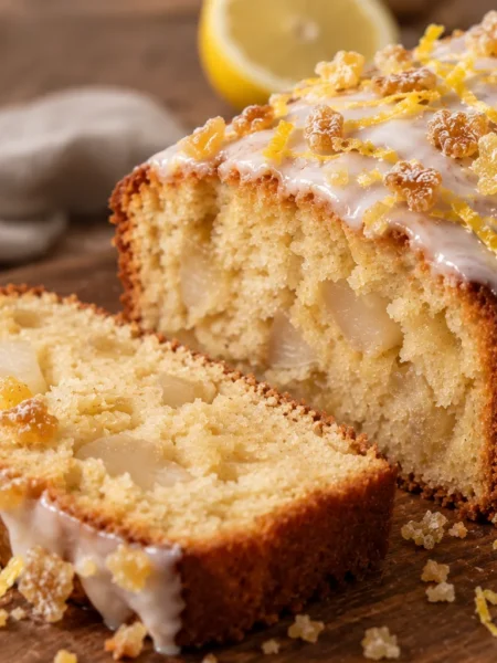 Pear and ginger loaf with lemon icing and crystallised ginger