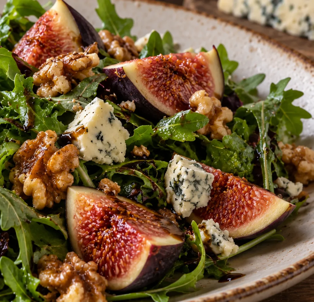 Fresh figs, Gorgonzola and glazed walnuts with rocket