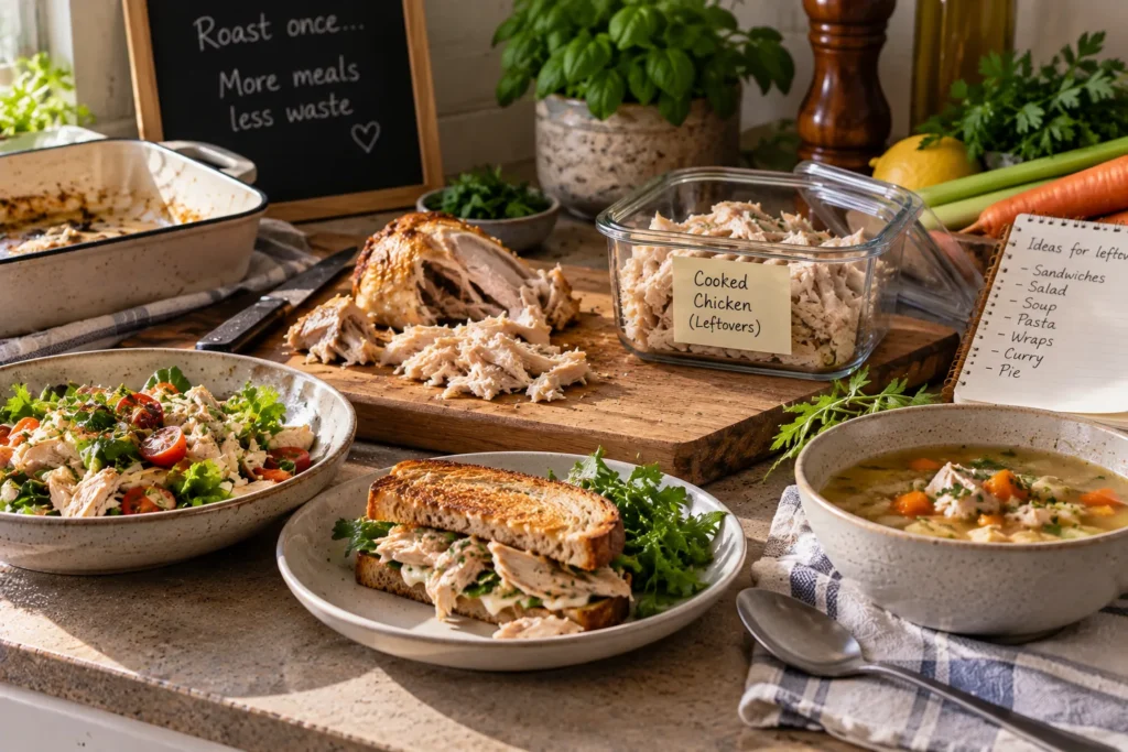 Cooked chicken reused across several different meals in a home kitchen.