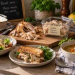 Cooked chicken reused across several different meals in a home kitchen.