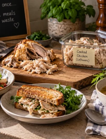 Cooked chicken reused across several different meals in a home kitchen.