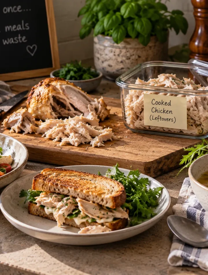 Cooked chicken reused across several different meals in a home kitchen.