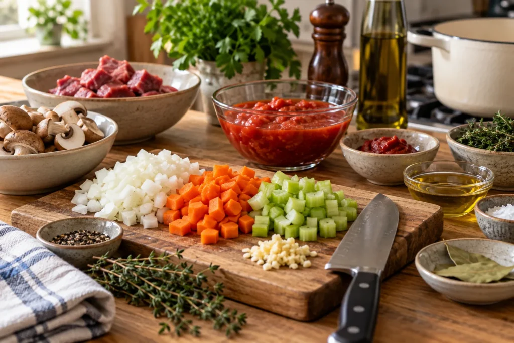 Prepared ingredients and kitchen tools arranged ready for cooking.