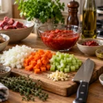 Prepared ingredients and kitchen tools arranged ready for cooking.