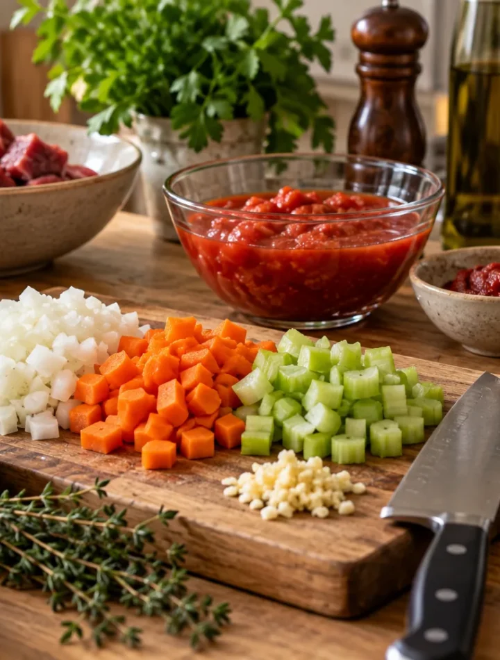 Prepared ingredients and kitchen tools arranged ready for cooking.