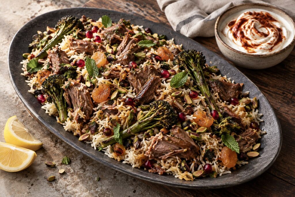 Persian fire lamb with jewelled rice, roasted Tenderstem broccoli, mint and rose harissa yogurt
