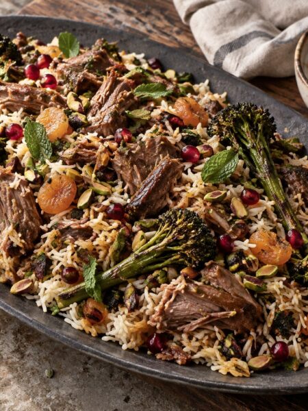 Persian fire lamb with jewelled rice, roasted Tenderstem broccoli, mint and rose harissa yogurt