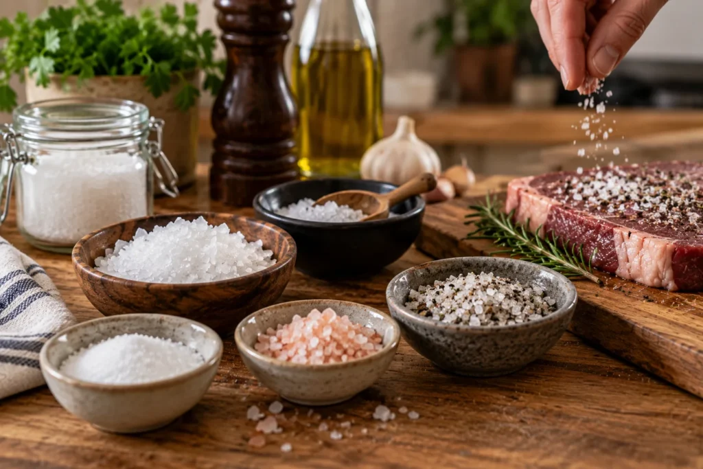 Different salts arranged beside seasoned food in a working kitchen.