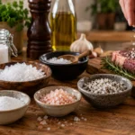 Different salts arranged beside seasoned food in a working kitchen.