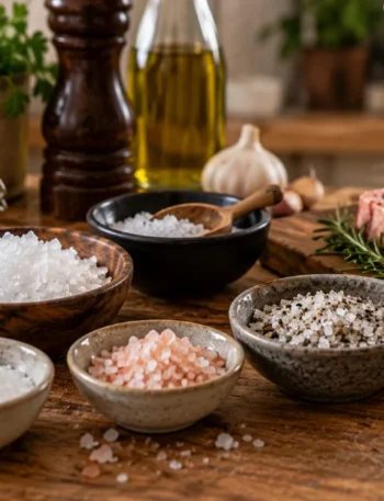 Different salts arranged beside seasoned food in a working kitchen.
